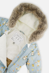 Deux par Deux blue animal baby car-seat snowsuit shown with its one-piece winter construction