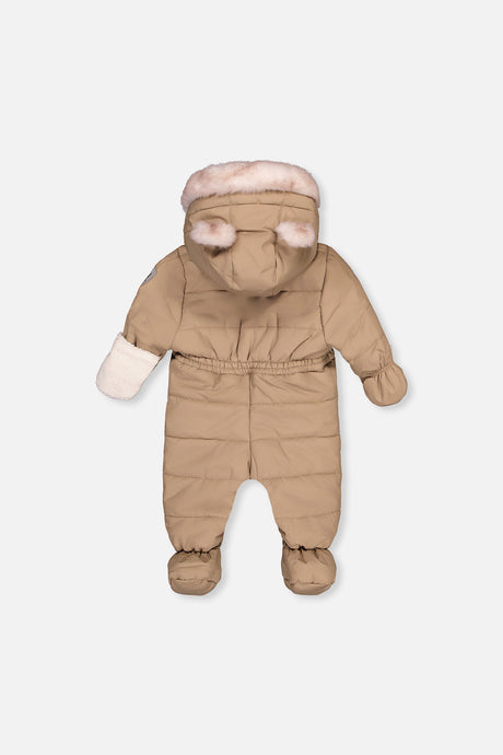 Deux par Deux taupe baby car-seat snowsuit shown from an alternate product angle