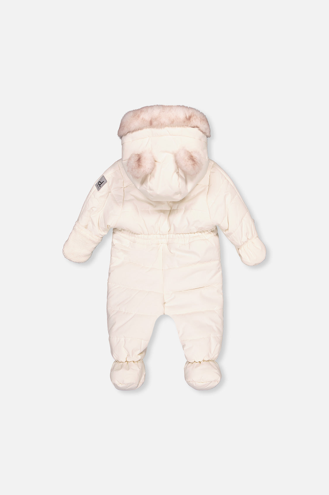 Deux par Deux Off White baby snowsuit with faux fur hood bear ears and sherpa neckwarmer