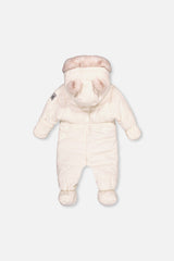 Deux par Deux Off White baby snowsuit with faux fur hood bear ears and sherpa neckwarmer