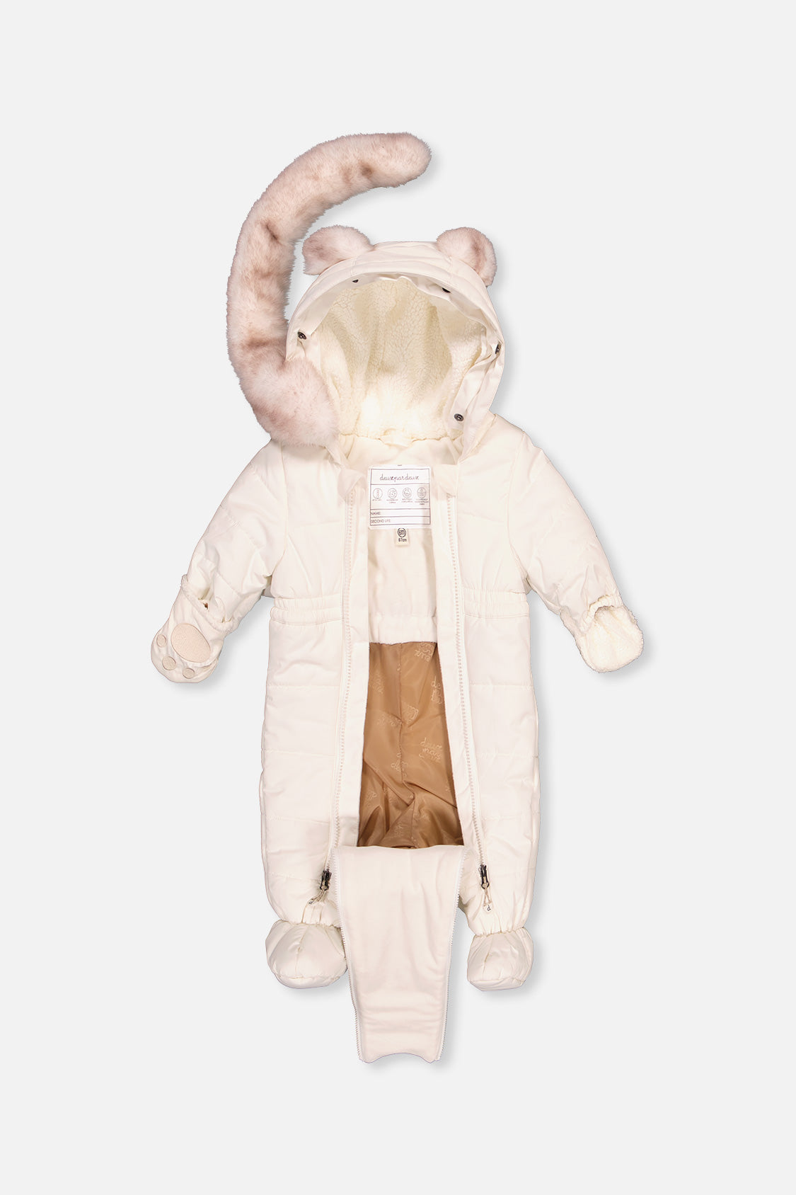 Deux par Deux baby Off White one-piece snowsuit with integrated footies and fold-over mittens