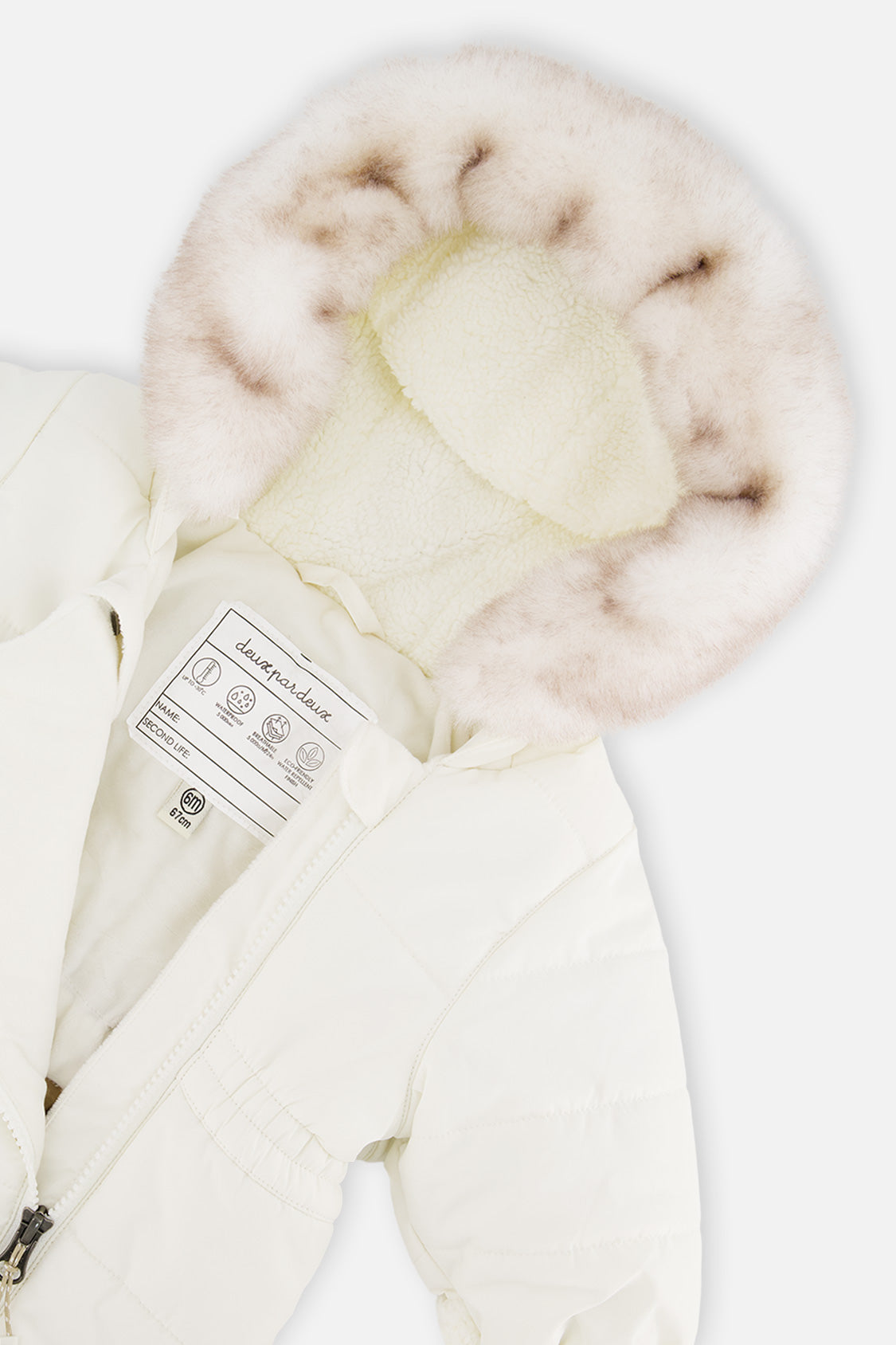Deux par Deux Off White baby car seat snowsuit with water-resistant crotch zipper detail