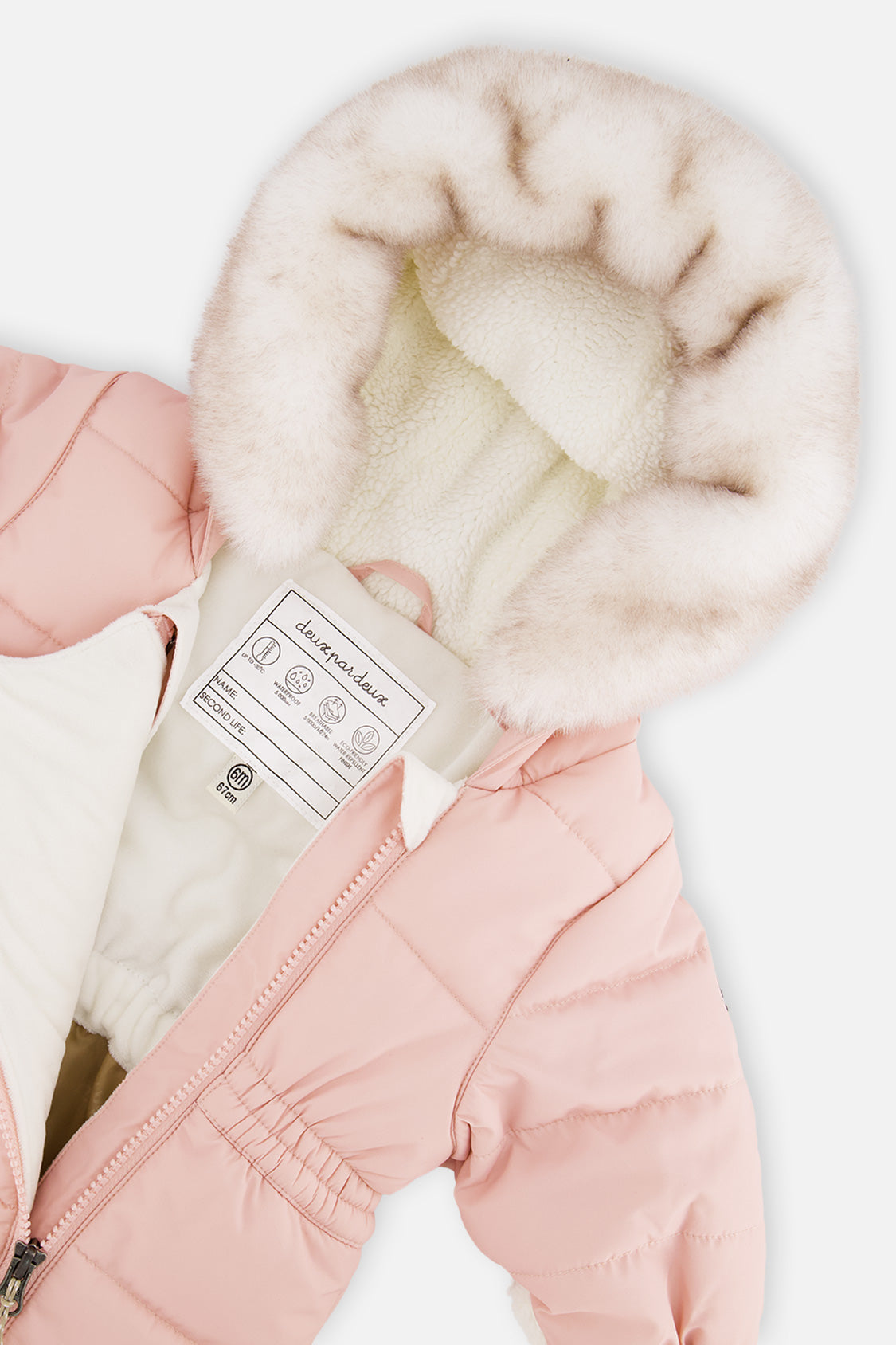 Deux par Deux baby car-seat one-piece snowsuit in Pale Dusty Pink — alternate winter feature detail