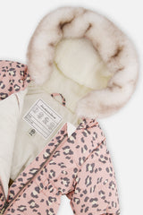 Deux par Deux Rose Leopard baby snowsuit with car seat crotch opening and YKK zipper