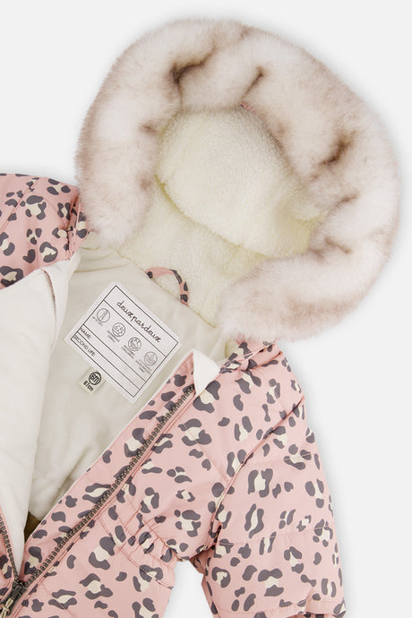 Deux par Deux Rose Leopard baby snowsuit with car seat crotch opening and YKK zipper