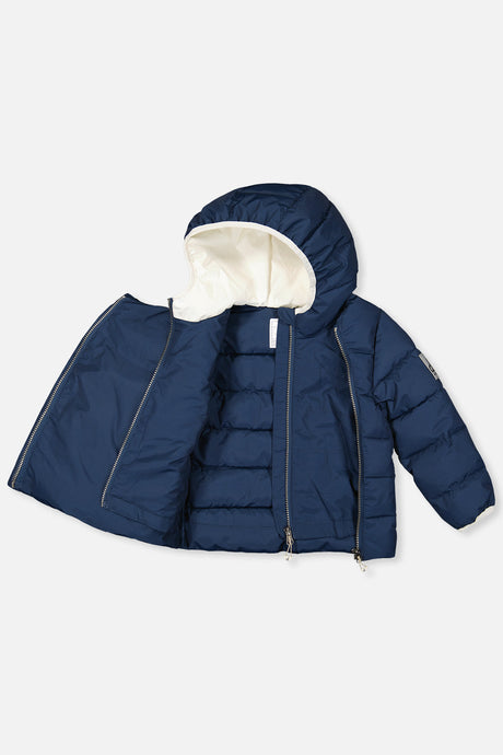 Dark blue car seat jacket opened to show the inner front zipper and lining