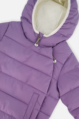 Close-up of the violet jacket hood lining and snap front panel