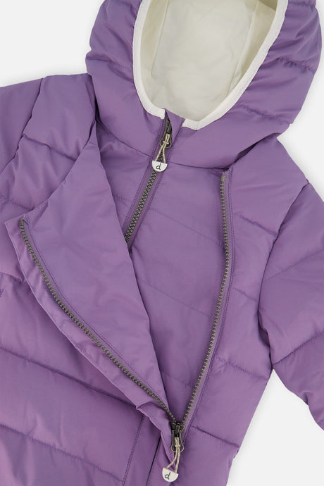 Close-up of the violet jacket front panel unzipped for car seat use