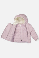 Lavender car seat jacket opened to show the inner front zipper and lining