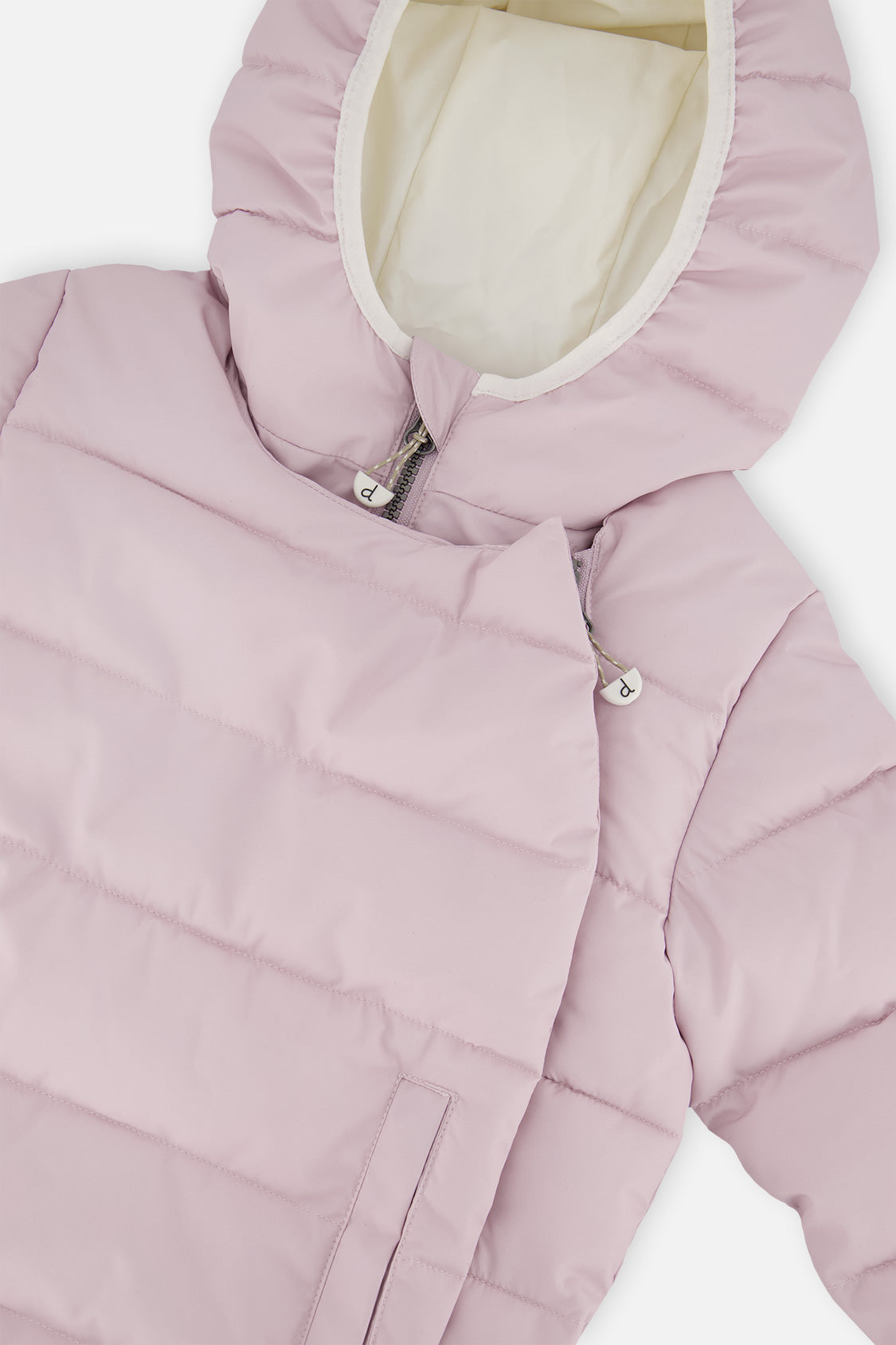 Close-up of the lavender jacket hood lining and snap front panel