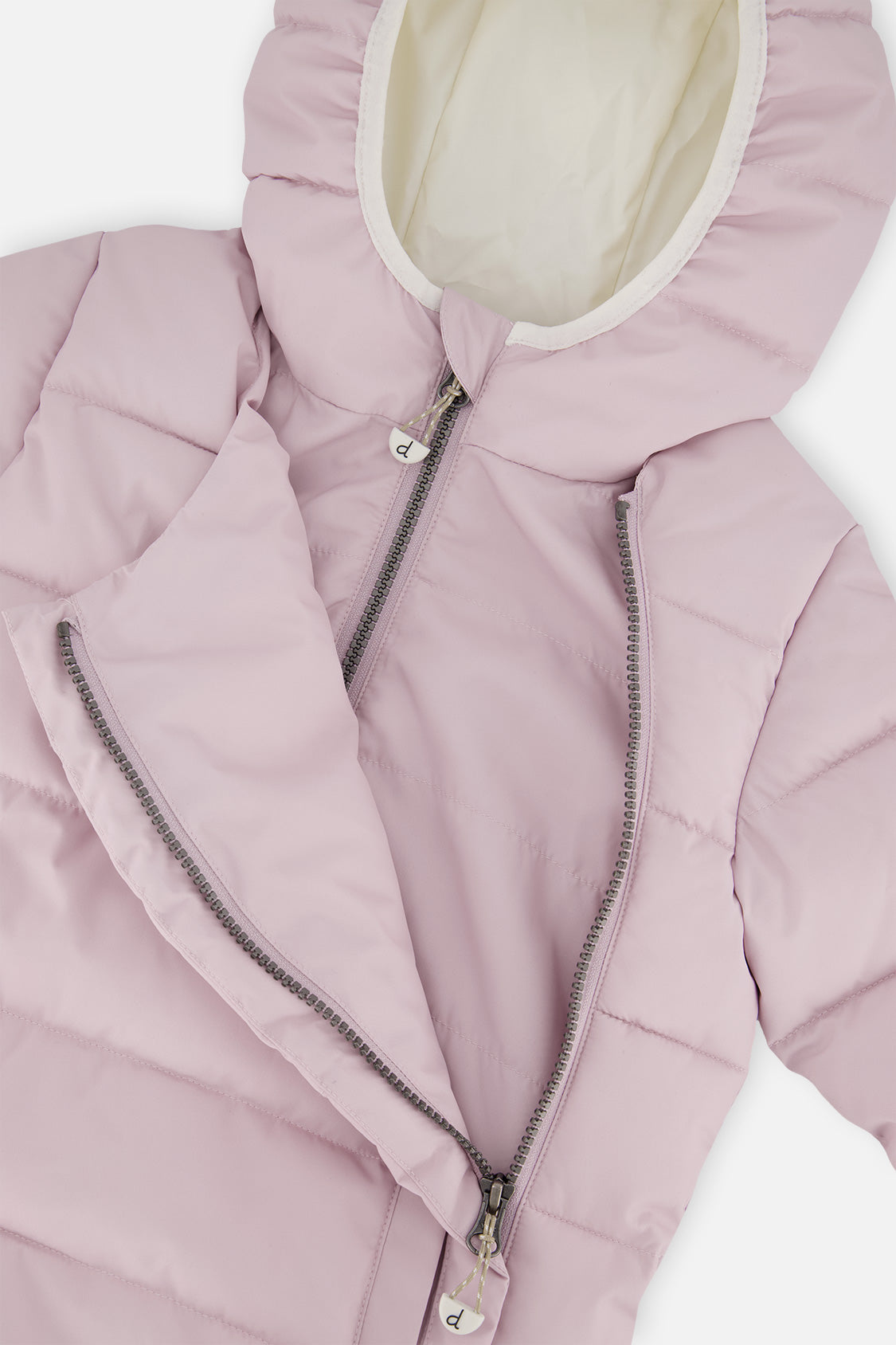 Close-up of the lavender jacket front panel unzipped for car seat use