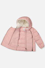 Pale dusty pink car seat jacket opened to show the inner front zipper and lining