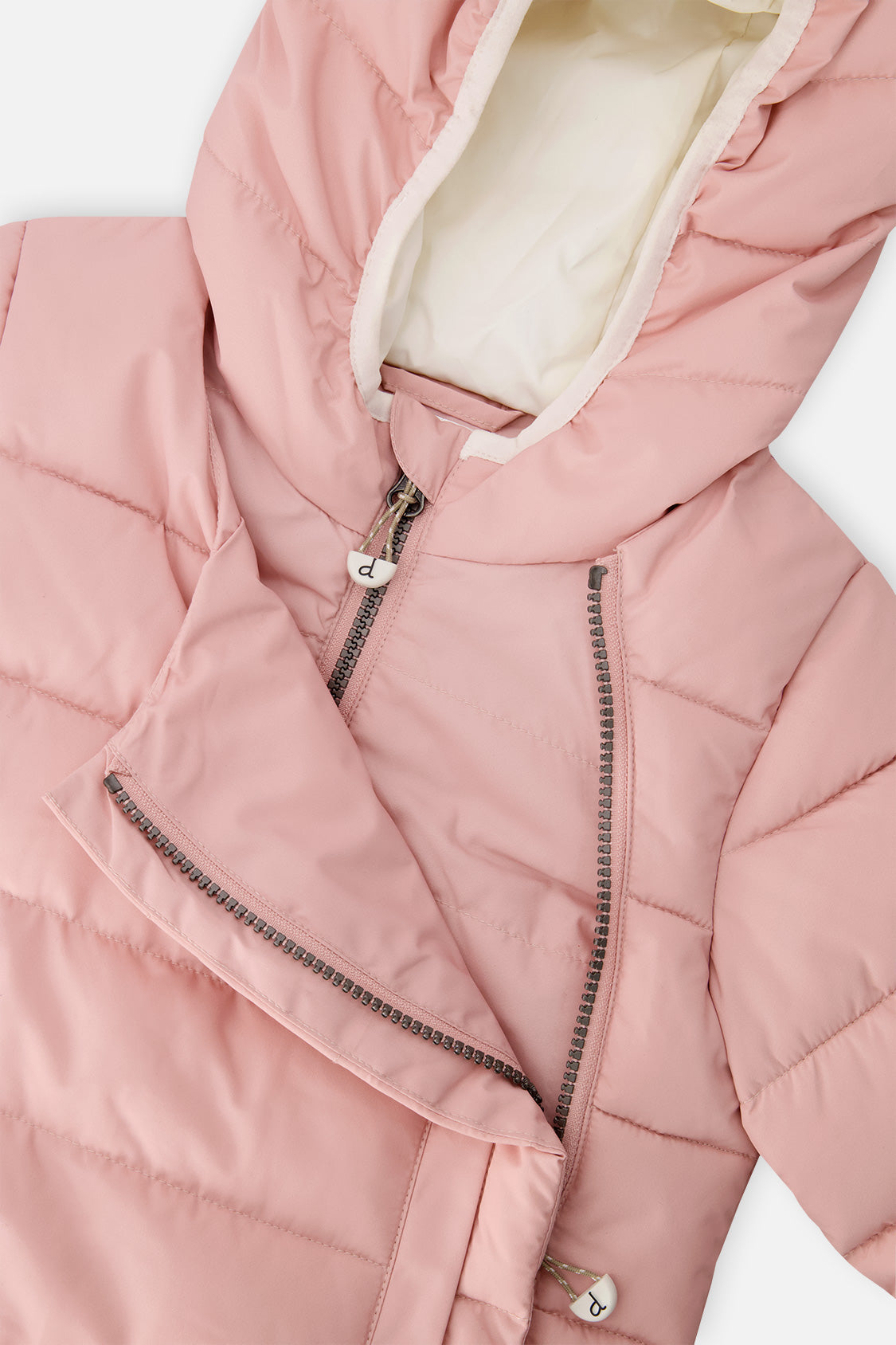 Close-up of the pale dusty pink jacket front panel unzipped for car seat use