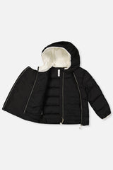 Black car seat jacket opened to show the inner front zipper and lining