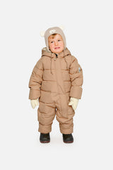 Baby wearing Deux par Deux Beige Baby Cloud snowsuit with fleece-lined hood