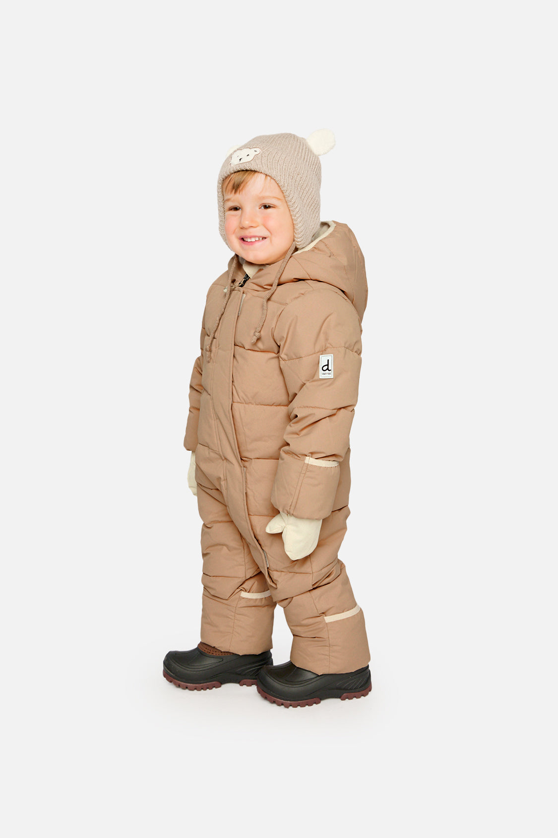 Deux par Deux Baby Cloud Beige lightweight PrimaLoft winter snowsuit lifestyle view