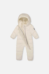 Off-white Baby Cloud snowsuit unzipped to show the fleece lining