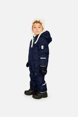 Deux par Deux Baby Cloud Dark Blue lightweight PrimaLoft winter snowsuit lifestyle view