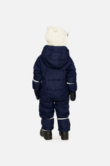 Baby boy in Dark Blue Deux par Deux Baby Cloud snowsuit with fold-over cuffs and ankles