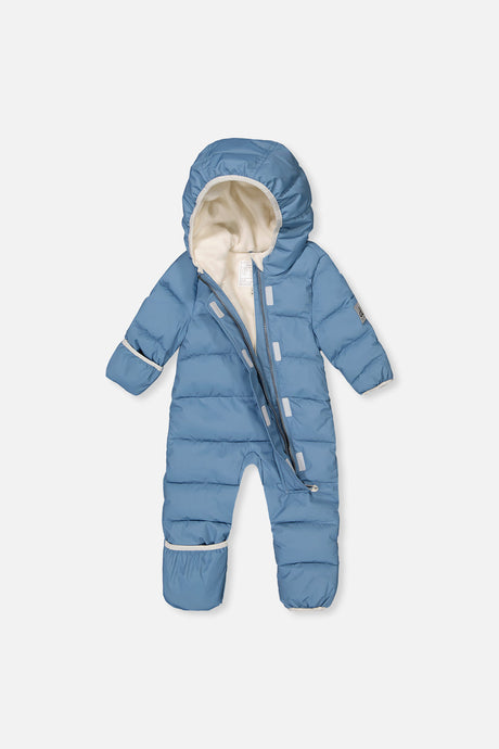 Deux par Deux Baby Cloud blue-grey hood and quilted upper-body detail