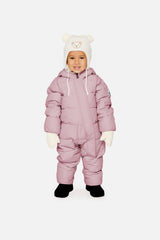Baby girl wearing Deux par Deux Lavender Baby Cloud snowsuit with fleece-lined hood