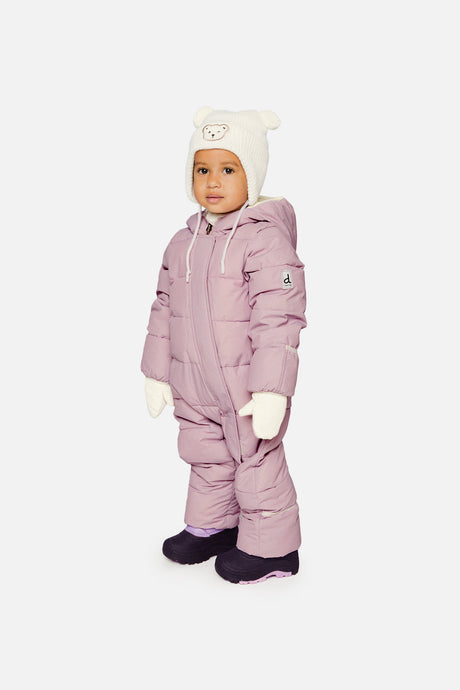 Deux par Deux Baby Cloud Lavender lightweight PrimaLoft winter snowsuit lifestyle view