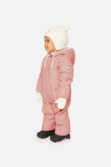 Baby girl wearing Deux par Deux Pale Dusty Pink Baby Cloud snowsuit with fleece-lined hood