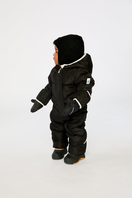 Deux par Deux Baby Cloud Black compressible PrimaLoft winter snowsuit lifestyle view