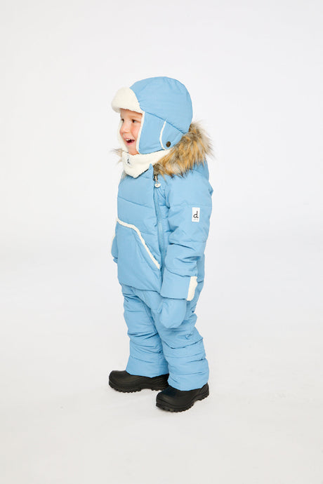 Deux par Deux Blue Grey baby SNUG snowsuit with sherpa-lined hood and fold-over cuffs