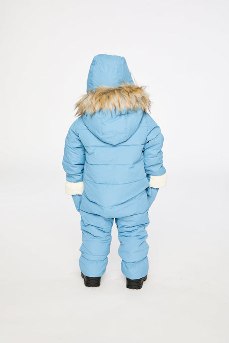 Blue Grey baby car seat snowsuit with low-bulk front opening and sherpa details
