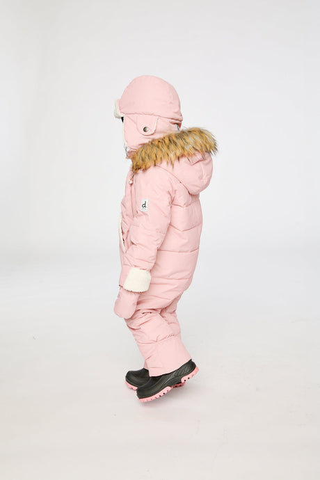 Deux par Deux Pale Dusty Pink Baby Snug snowsuit lifestyle view with sherpa-lined hood
