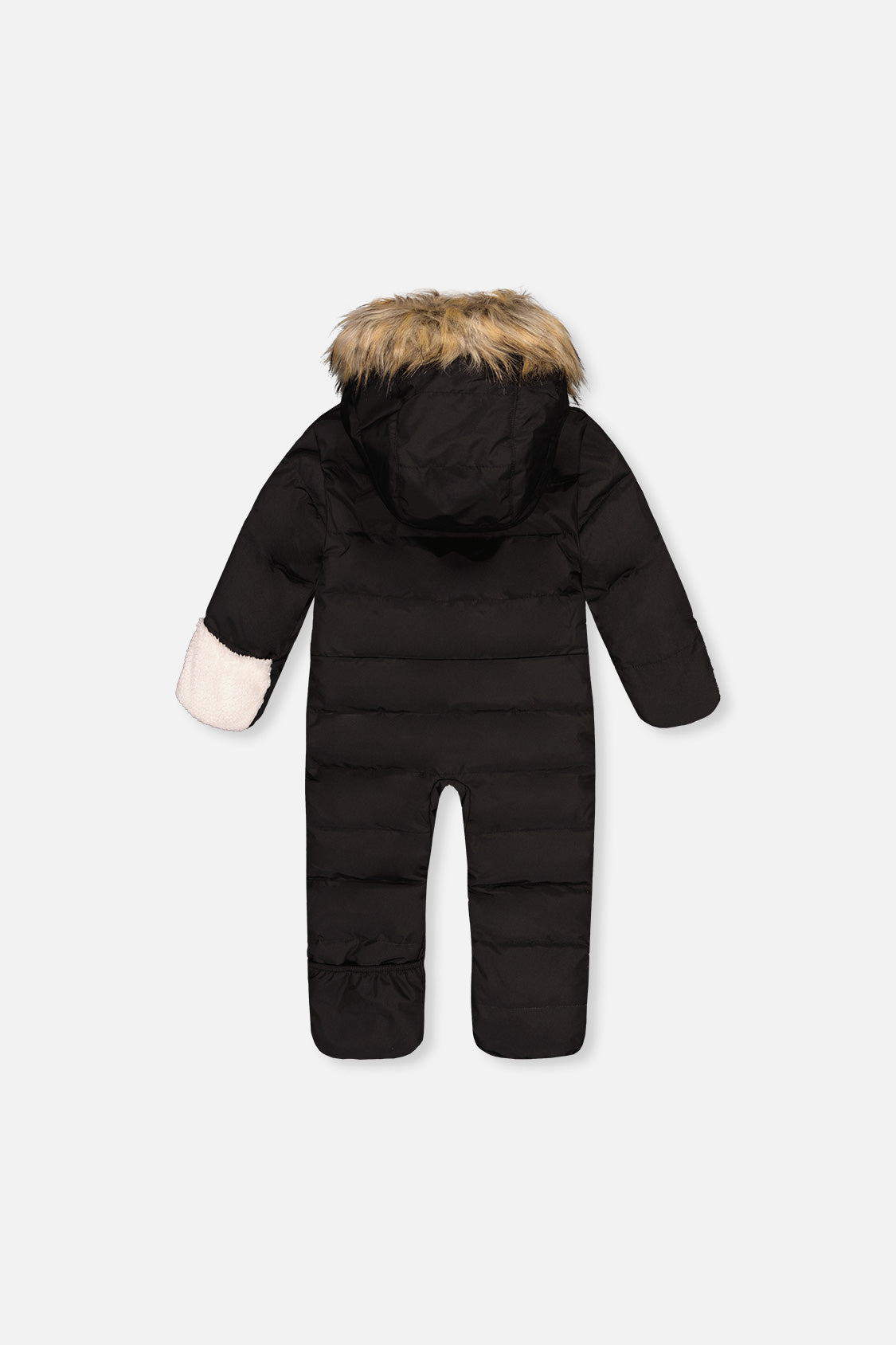 Deux par Deux black Baby Snug one-piece snowsuit with sherpa-lined hood