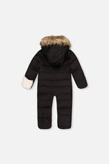 Deux par Deux black Baby Snug one-piece snowsuit with sherpa-lined hood