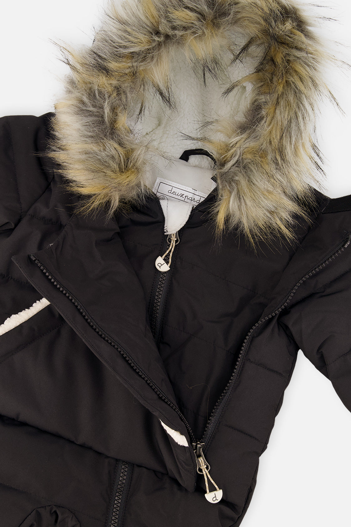 Deux par Deux black baby car seat snowsuit with front opening panels and kangaroo pocket