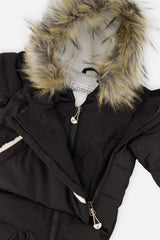 Deux par Deux black baby car seat snowsuit with front opening panels and kangaroo pocket