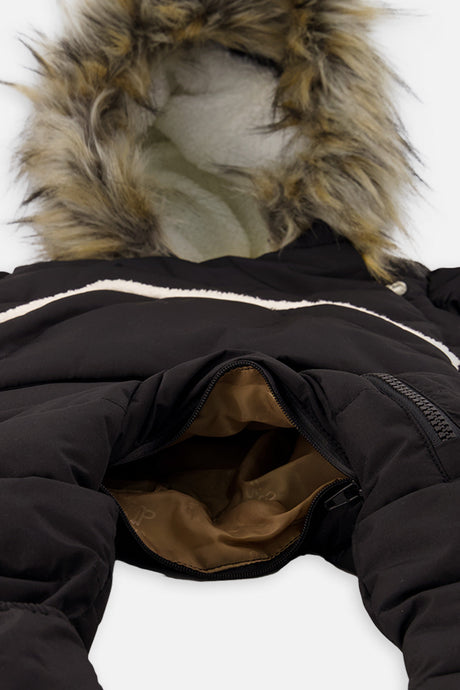 Deux par Deux Baby Snug black winter snowsuit with faux fur hood and included neckwarmer