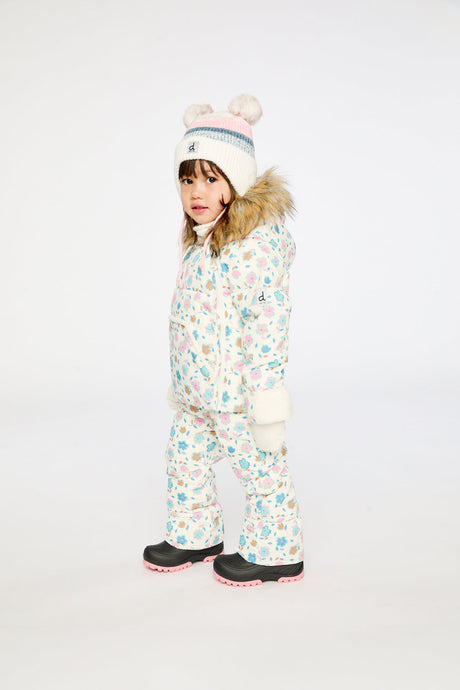 Deux par Deux white floral Baby Snug car seat snowsuit lifestyle view with sherpa hood