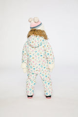Baby girl in white floral Deux par Deux Snug snowsuit with fold-over sherpa cuffs