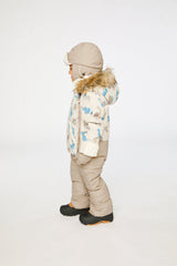 Deux par Deux Blue Dinosaur Baby Snug snowsuit lifestyle view with sherpa-lined hood