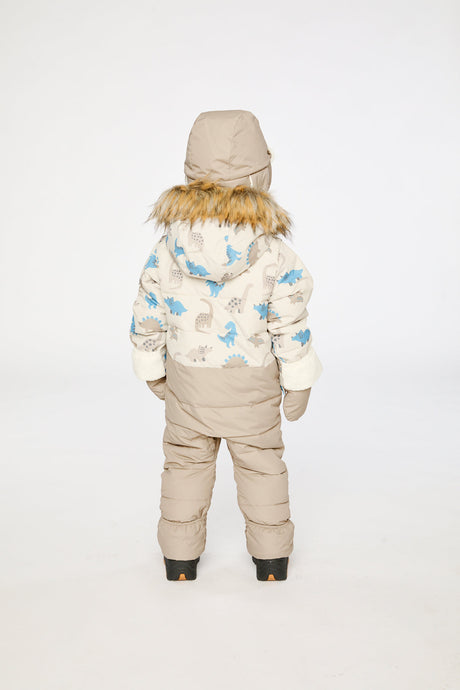 Baby boy in Deux par Deux Blue Dinosaur snowsuit with fold-over sherpa cuffs and ankles