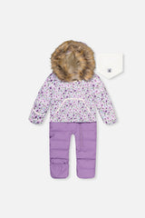 Deux par Deux Baby Snug purple mini floral car seat snowsuit front view