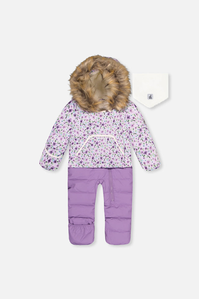 Deux par Deux Baby Snug purple mini floral car seat snowsuit front view