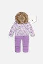 Deux par Deux Baby Snug purple mini floral car seat snowsuit front view