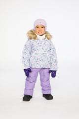 Baby girl in Deux par Deux Purple Mini Flowers Baby Snug snowsuit