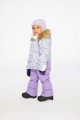 Purple mini floral Baby Snug snowsuit front opening panel detail