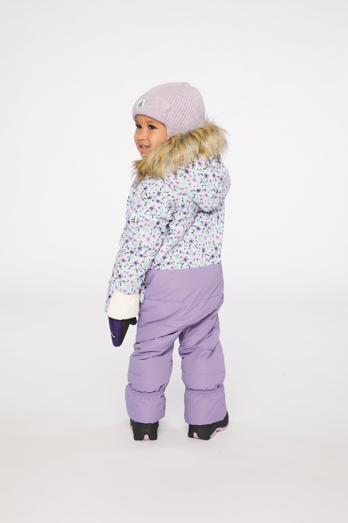 Deux par Deux Baby Snug purple floral fold-over cuffs and faux-fur hood detail