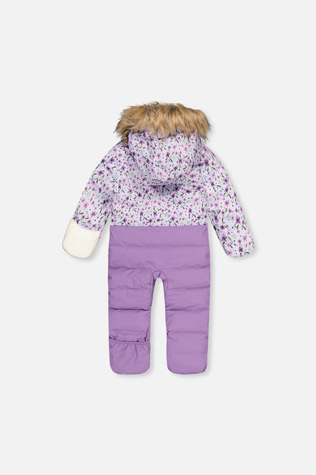 Purple Mini Flowers Baby Snug snowsuit with included sherpa neckwarmer