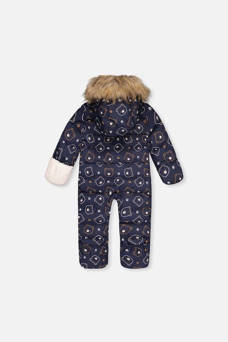 Blue Teddy Bears Baby Snug snowsuit sherpa-lined hood and body detail
