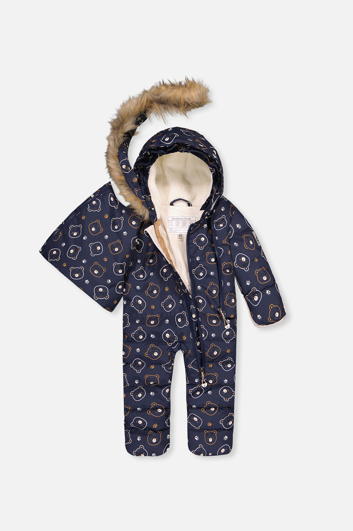 Deux par Deux blue teddy bear Baby Snug front opening panel detail