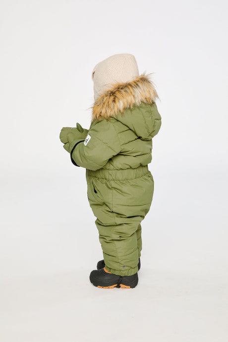 Deux par Deux olive green baby winter snowsuit with fleece-lined hood and body